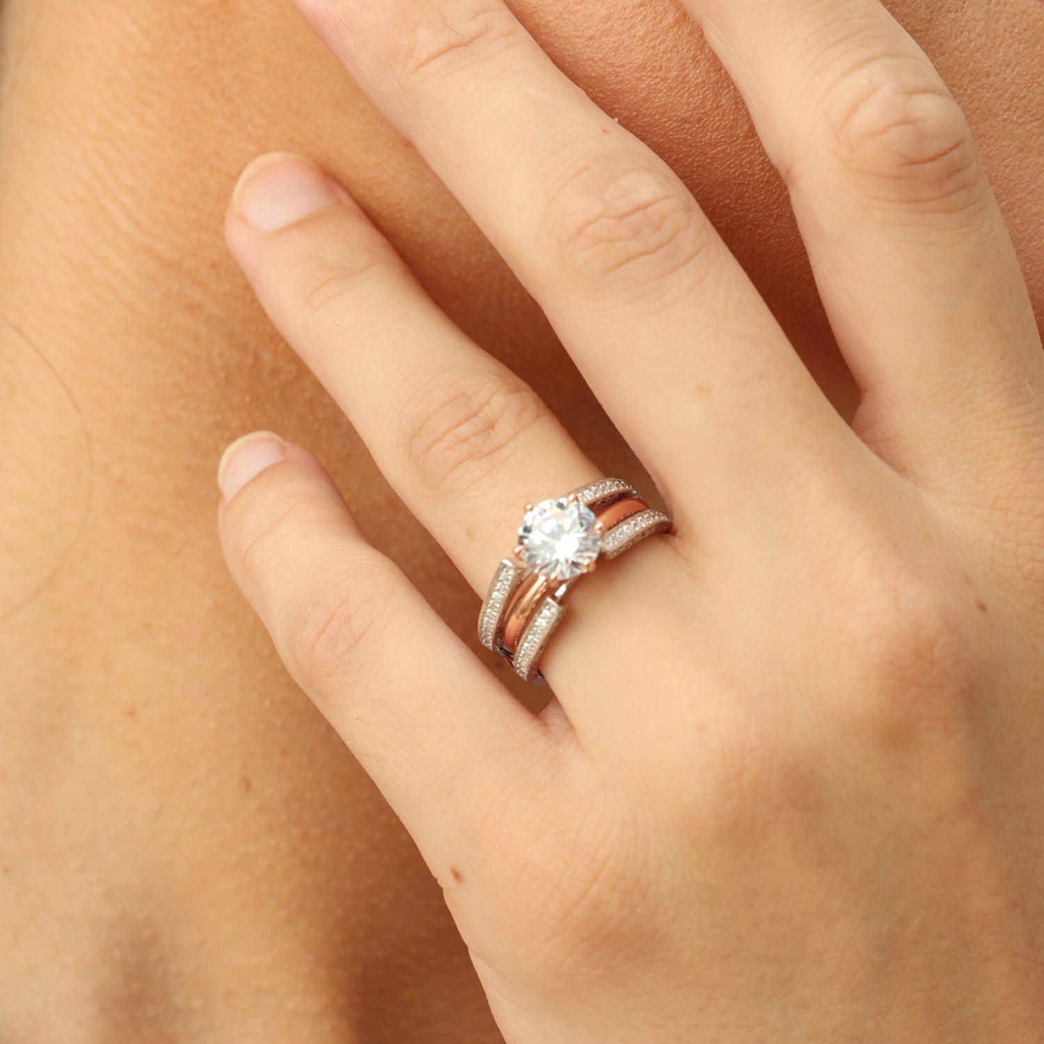 Round Lab Created Moissanite Diamond Cathedral Enhancer Guard Ring In 14K Gold Over Sterling Silver Jewelry For Women (G-H Color, 0.20 Cttw), Valentine's Day Gift For Her