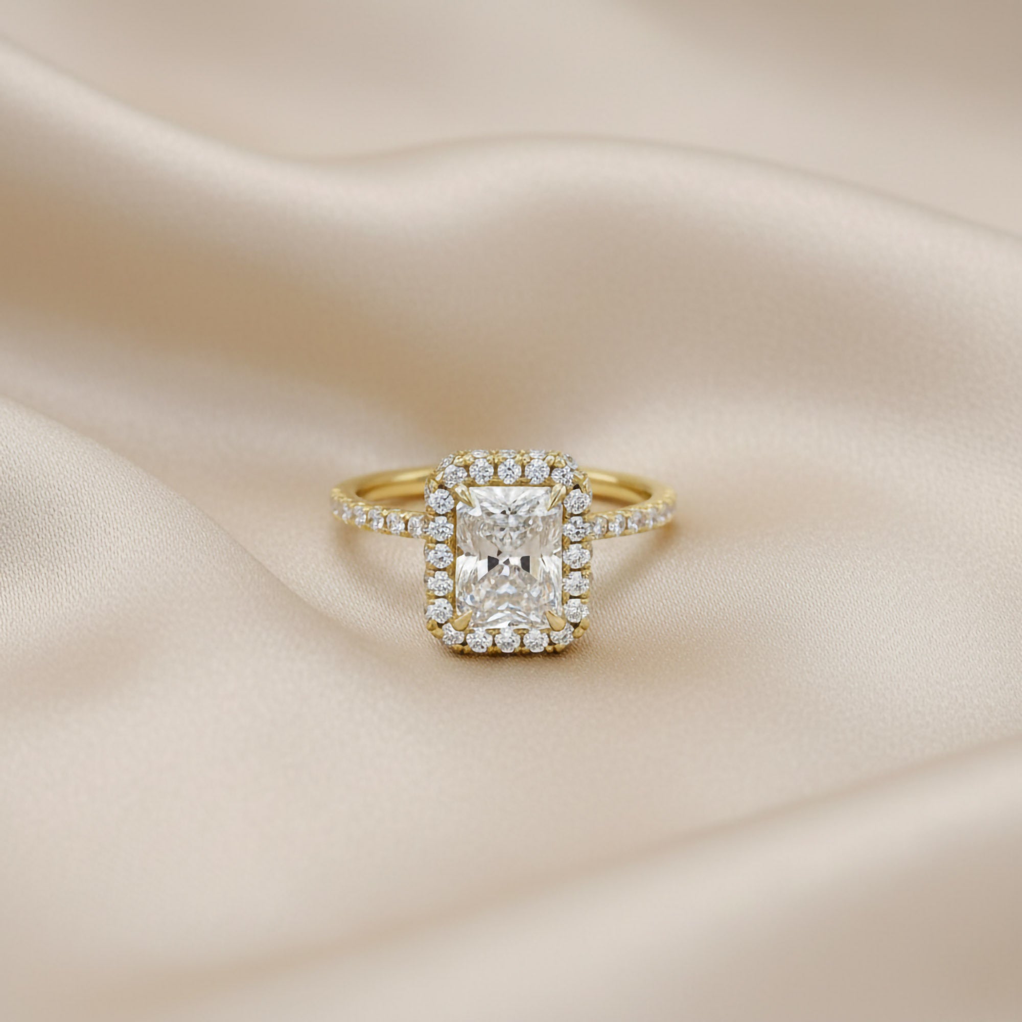 Hidden Halo Solitaire Engagement Radiant Cut Lab Grown Diamond Ring