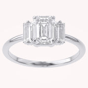 Three Stone Engagement Ring Emerald and Baguette Lab Grown Diamond