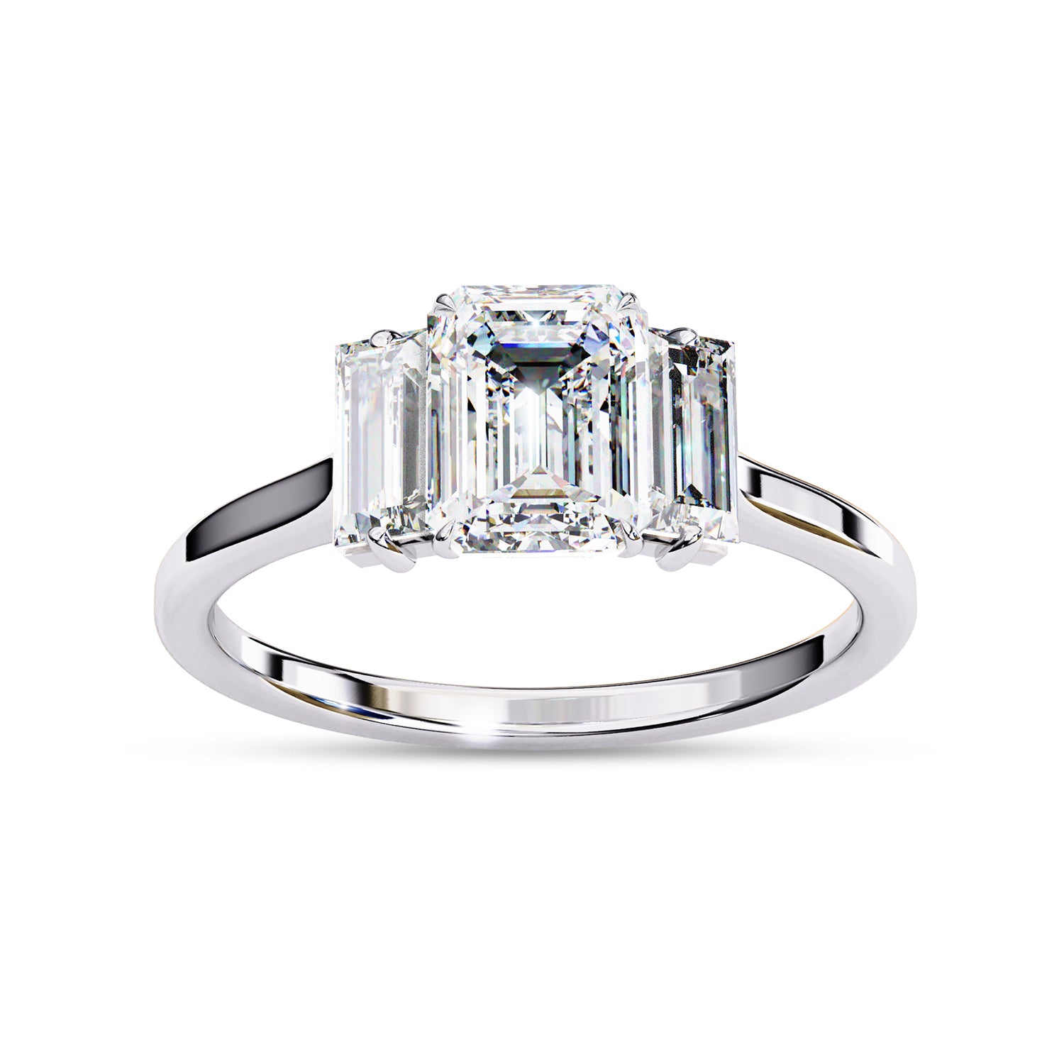 Three Stone Engagement Ring Emerald and Baguette Lab Grown Diamond