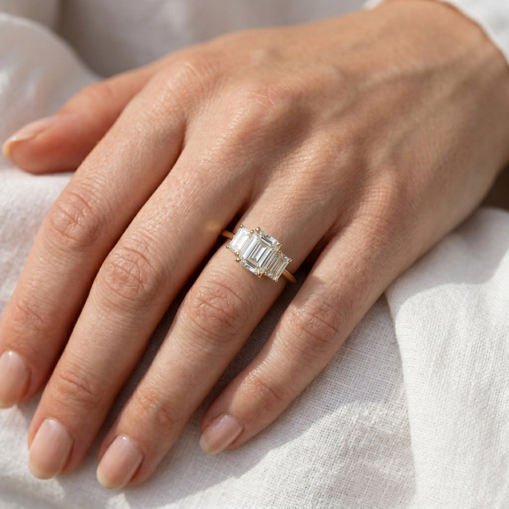 Three Stone Engagement Ring Emerald and Baguette Lab Grown Diamond