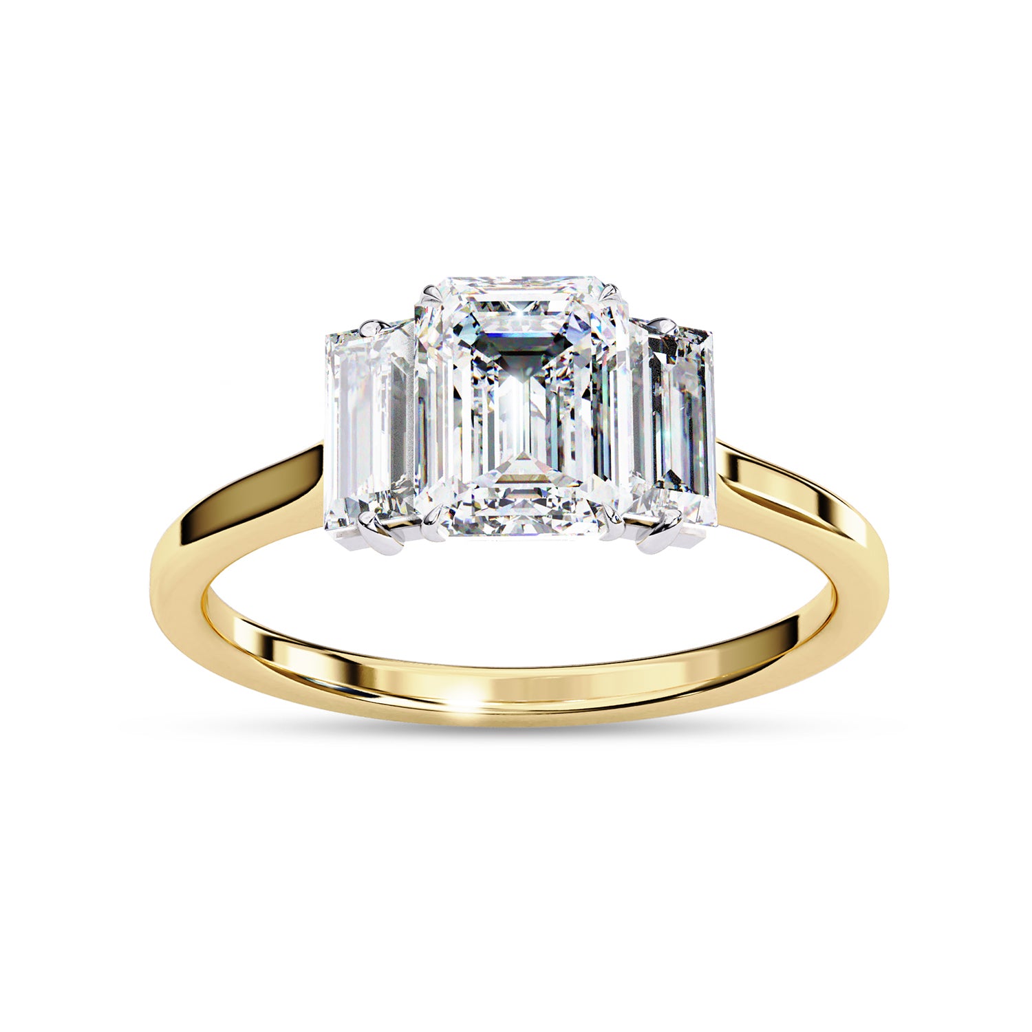 Three Stone Engagement Ring Emerald and Baguette Lab Grown Diamond