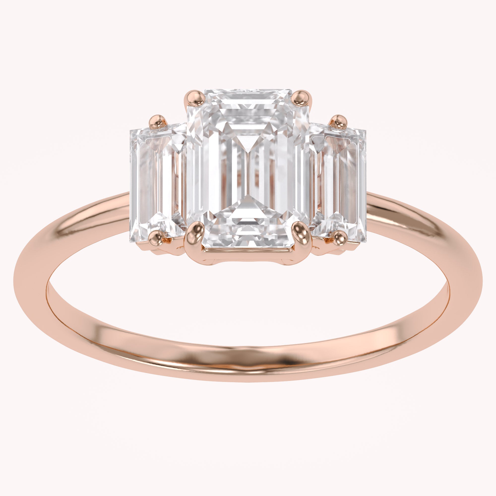Three Stone Engagement Ring Emerald and Baguette Lab Grown Diamond