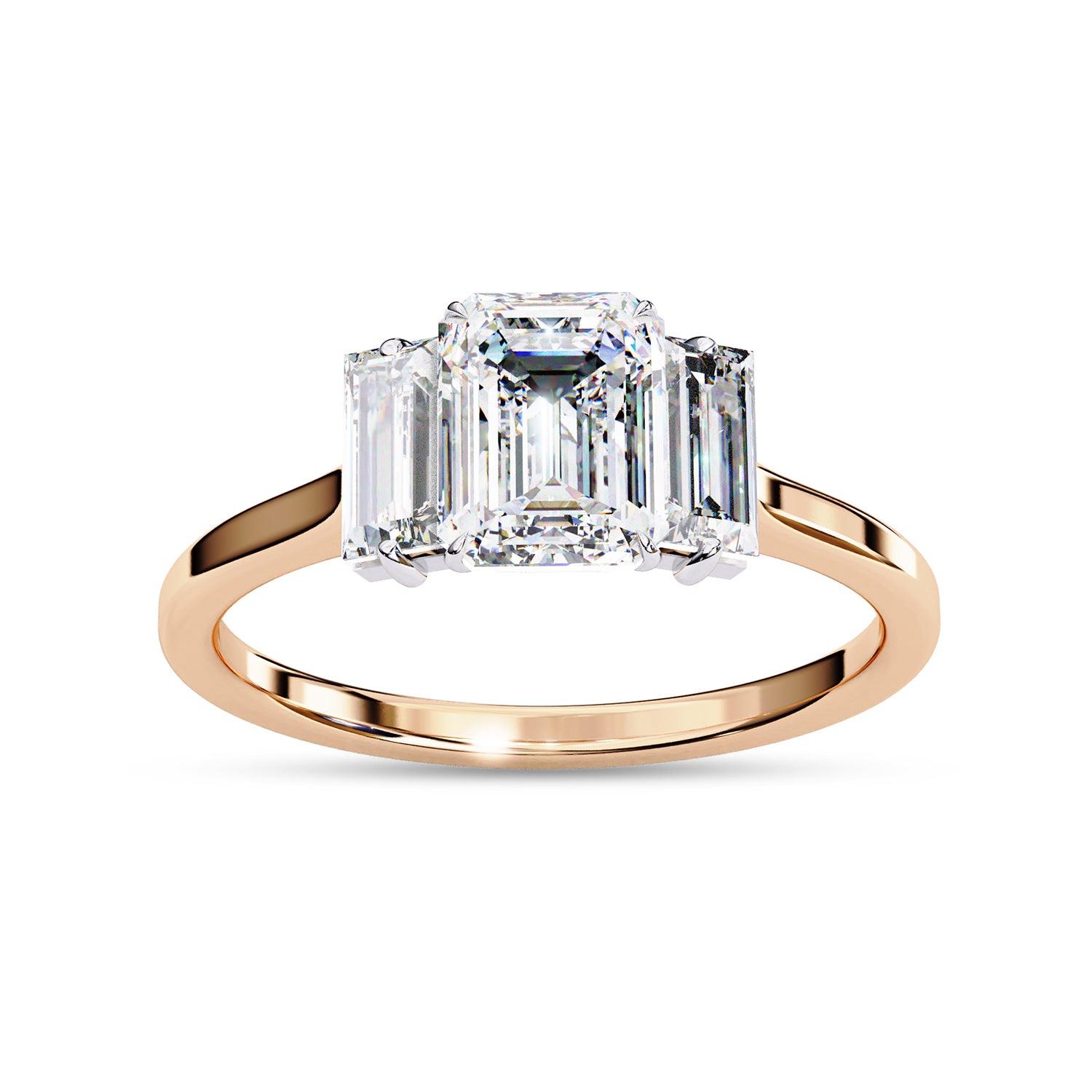 Three Stone Engagement Ring Emerald and Baguette Lab Grown Diamond