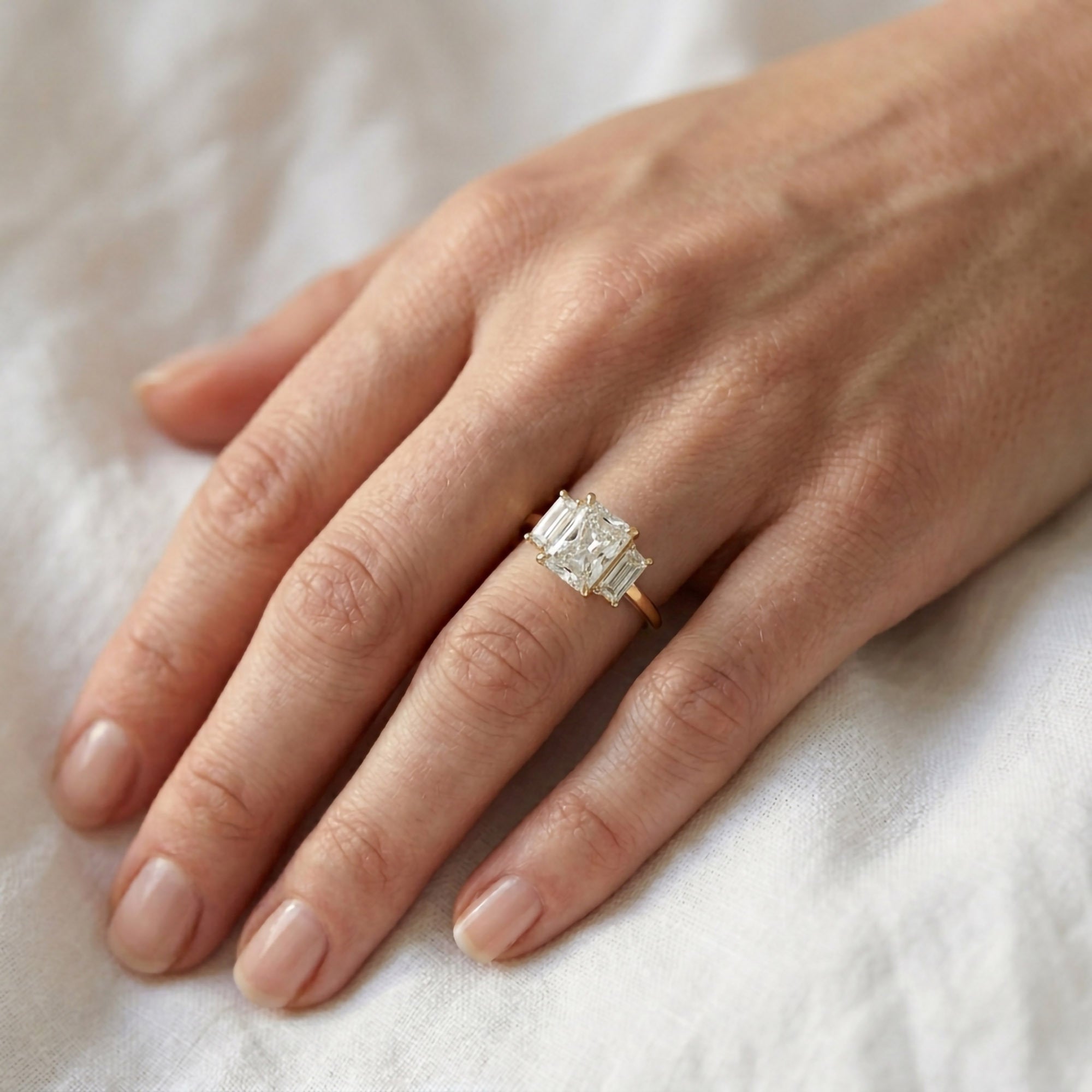 Three Stone Engagement Ring Radiant and Baguette Lab Grown Diamond
