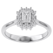 Halo Cluster Engagement Ring Emerald and Round Lab Grown Diamond