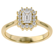 Halo Cluster Engagement Ring Emerald and Round Lab Grown Diamond