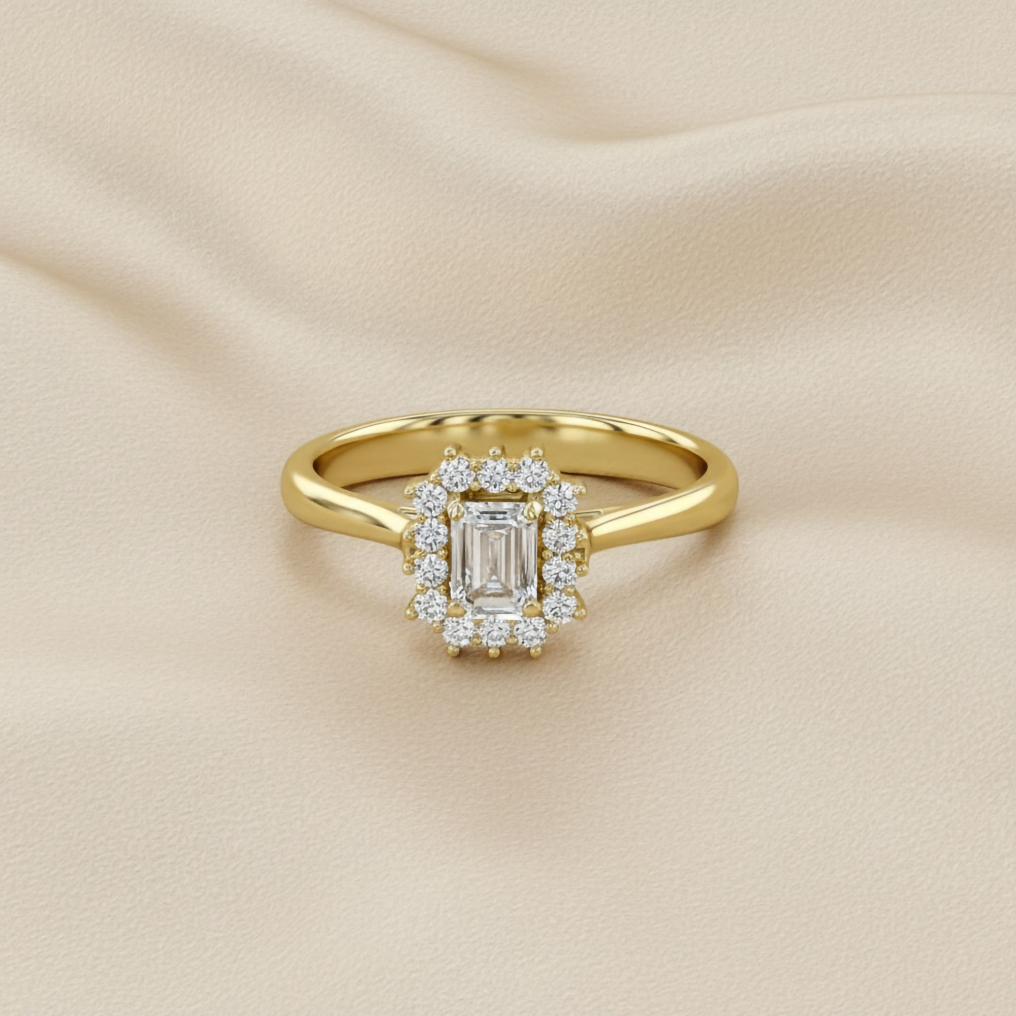 Halo Cluster Engagement Ring Emerald and Round Lab Grown Diamond