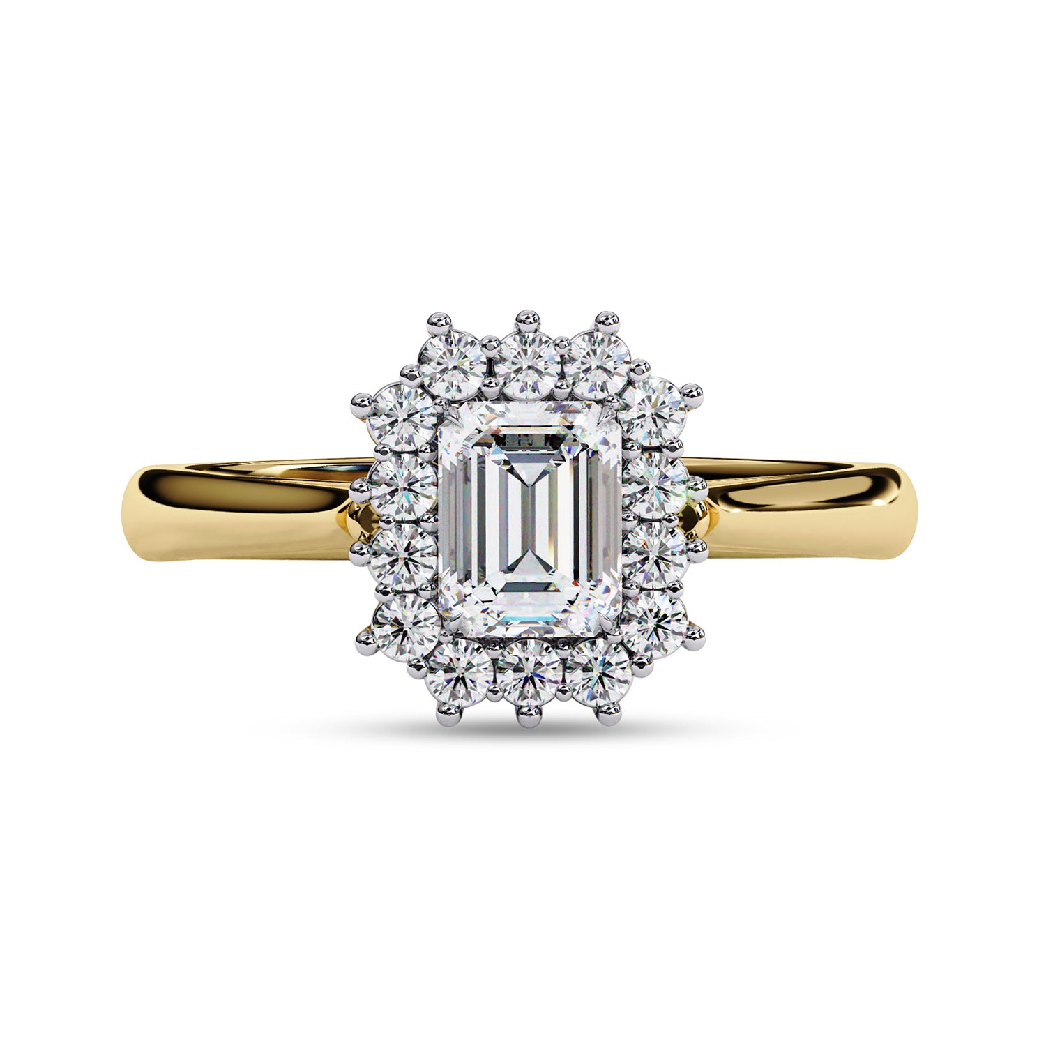 Halo Cluster Engagement Ring Emerald and Round Lab Grown Diamond