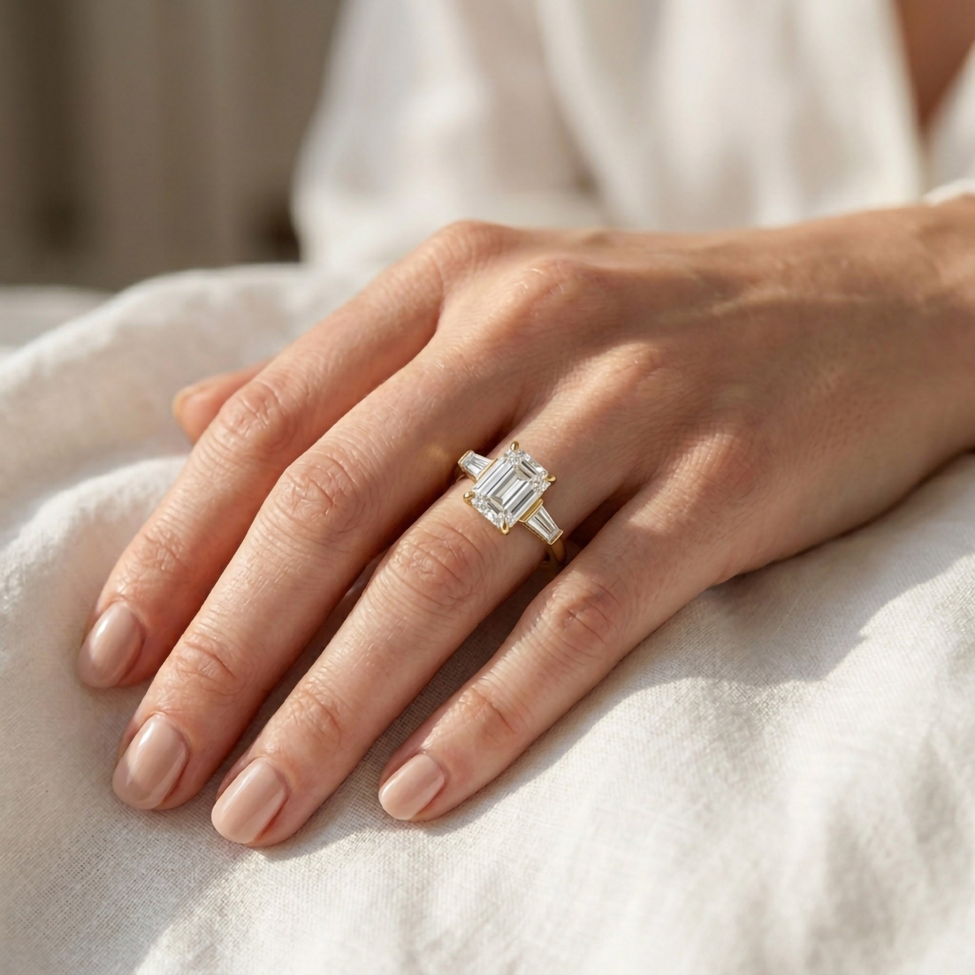 Emerald Cut Three Stone Lab Grown Diamond Engagement Ring