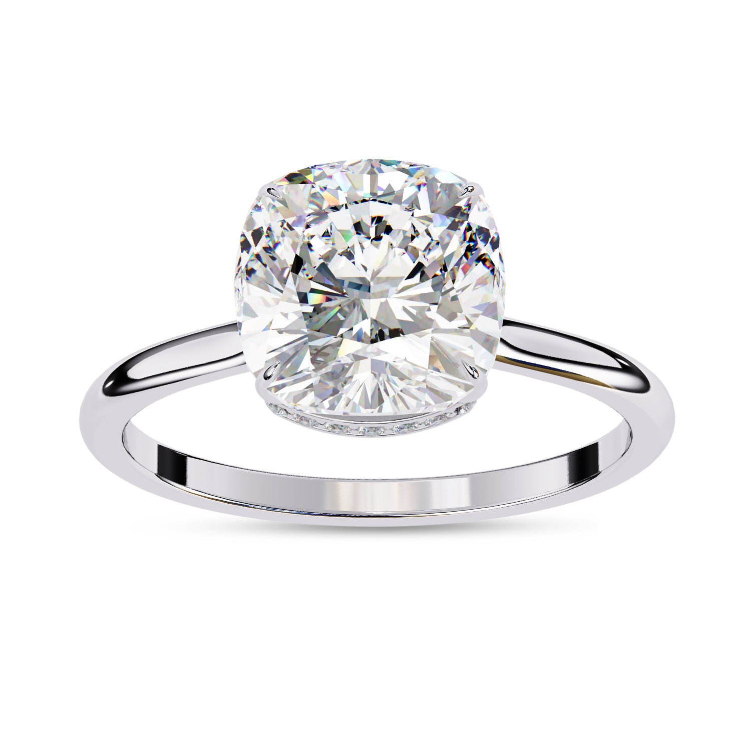 Hidden Halo Solitaire Engagement Ring Cushion and Round Lab Grown Diamond