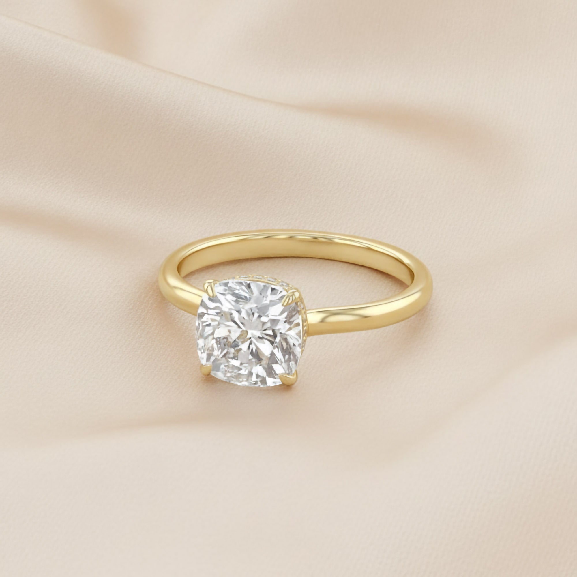 Hidden Halo Solitaire Engagement Ring Cushion and Round Lab Grown Diamond