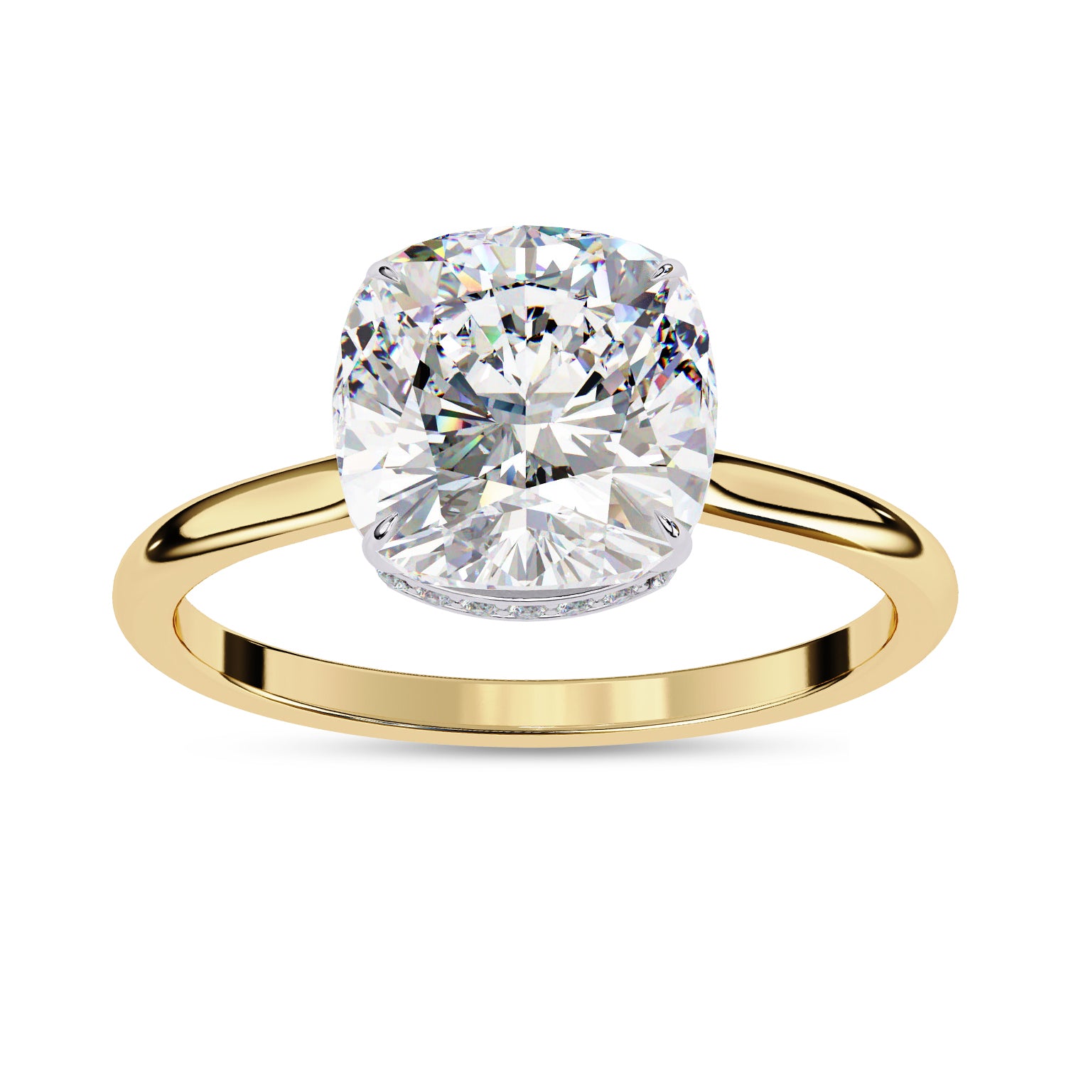 Hidden Halo Solitaire Engagement Ring Cushion and Round Lab Grown Diamond