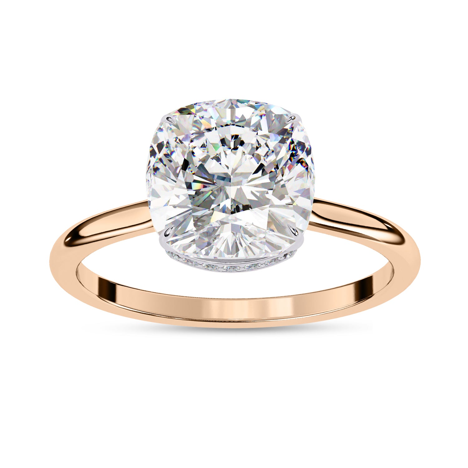 Hidden Halo Solitaire Engagement Ring Cushion and Round Lab Grown Diamond