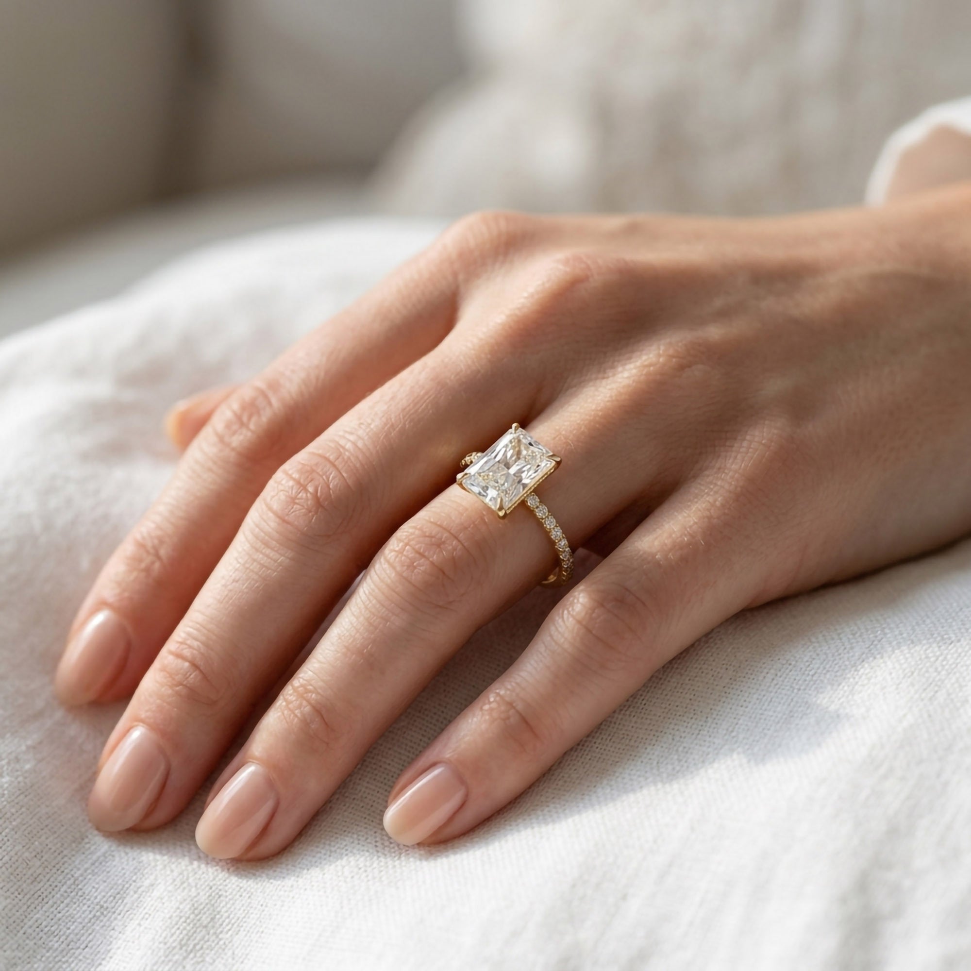 Solitaire Beaded Engagement Ring Radiant Lab Grown Diamond