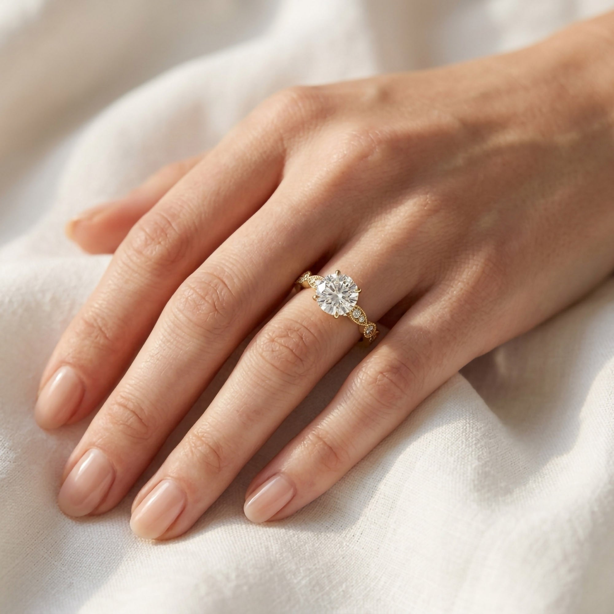 Solitaire Beaded Engagement Ring Emerald Lab Grown Diamond