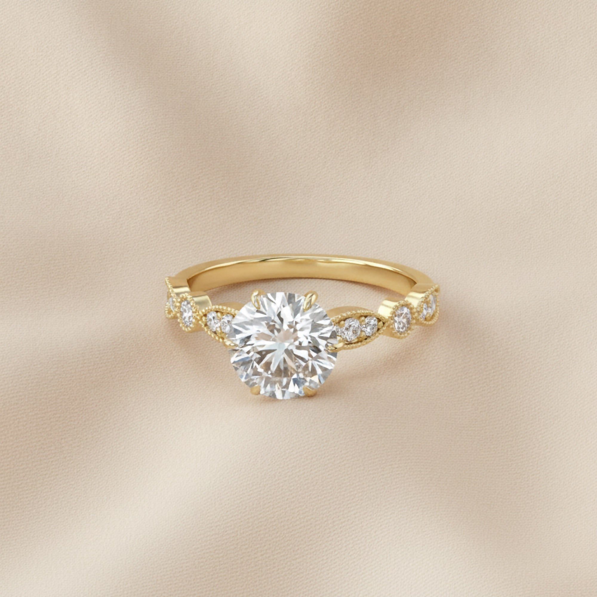 Solitaire Beaded Engagement Ring Emerald Lab Grown Diamond