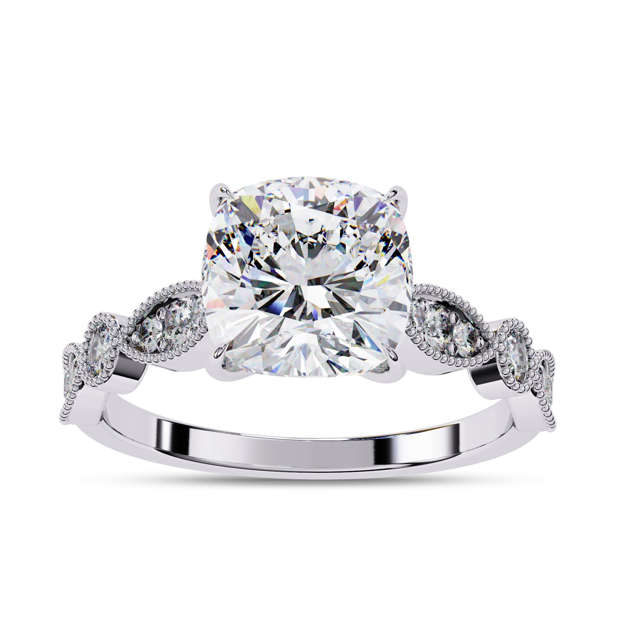 Solitaire Beaded Engagement Ring Marquise and Round Lab Grown Diamond