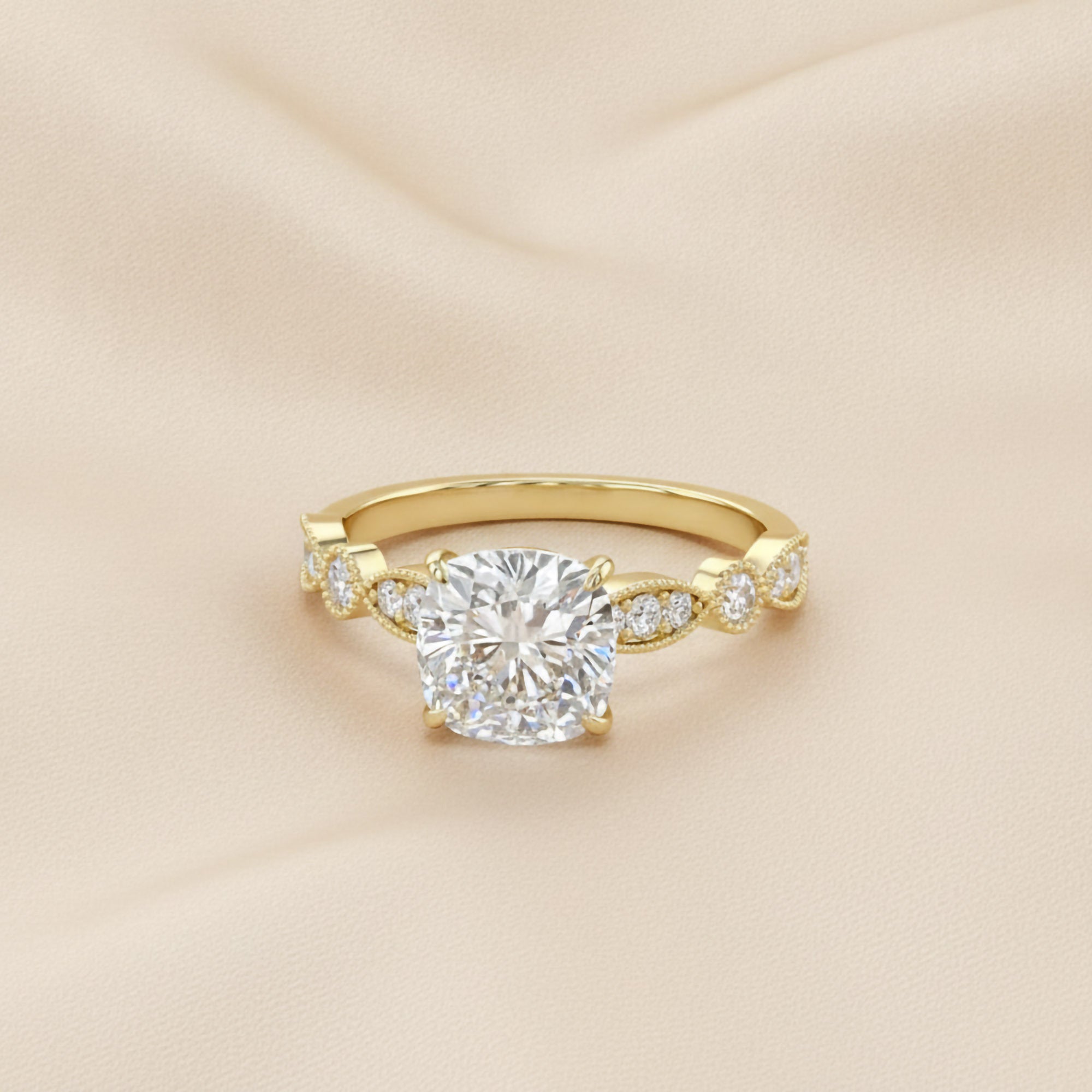 Solitaire Beaded Engagement Ring Marquise and Round Lab Grown Diamond