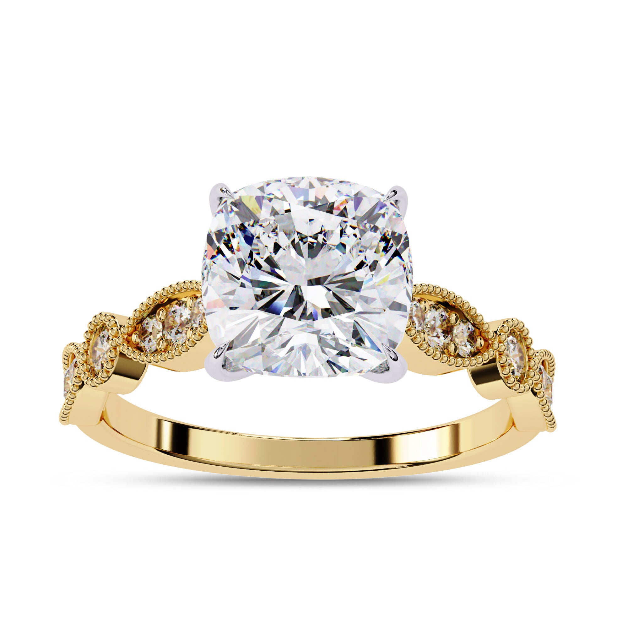 Solitaire Beaded Engagement Ring Marquise and Round Lab Grown Diamond