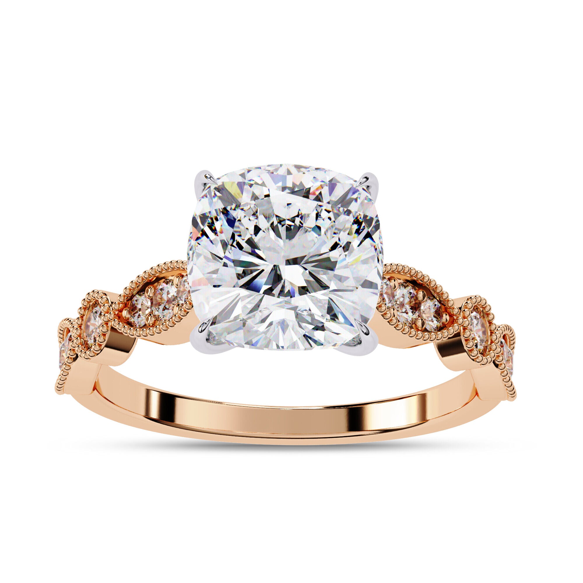 Solitaire Beaded Engagement Ring Marquise and Round Lab Grown Diamond