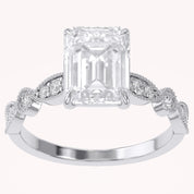 Solitaire Beaded Engagement Ring Emerald and Round Lab Grown Diamond