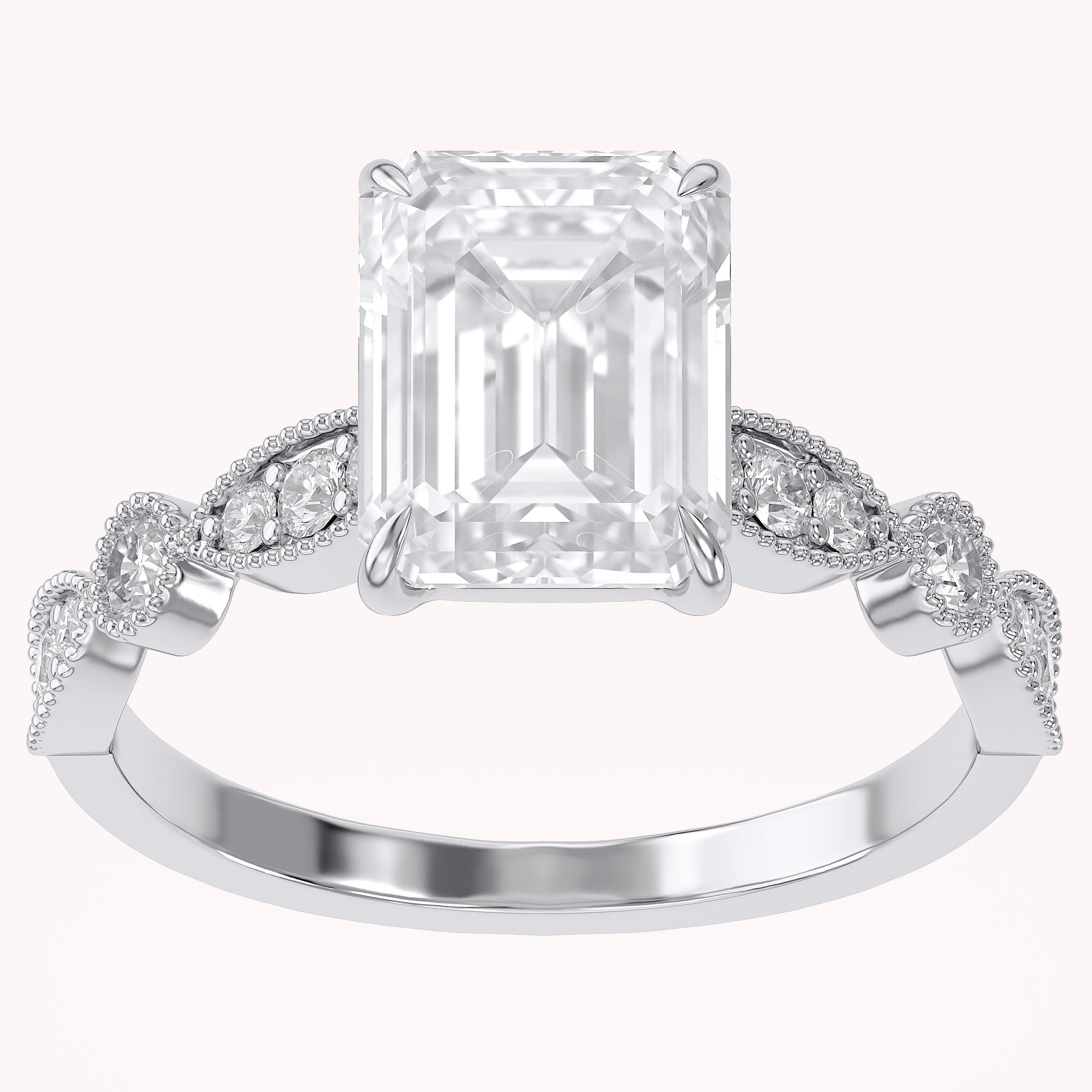 Solitaire Beaded Engagement Ring Emerald and Round Lab Grown Diamond