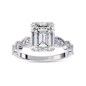Solitaire Beaded Engagement Ring Emerald and Round Lab Grown Diamond