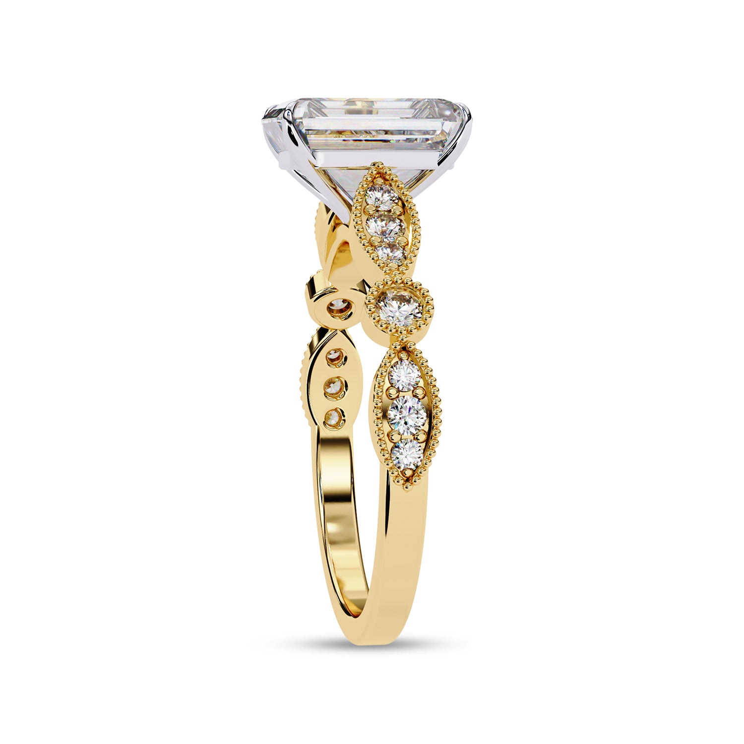 Solitaire Beaded Engagement Ring Emerald and Round Lab Grown Diamond