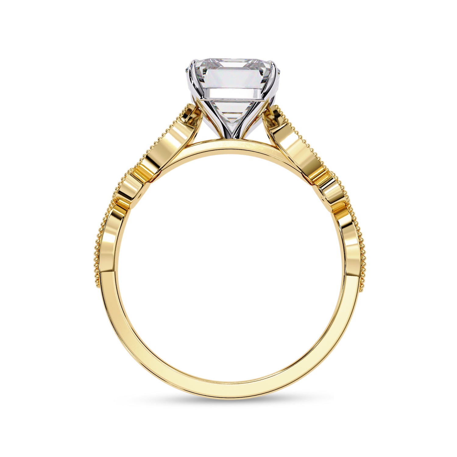 Solitaire Beaded Engagement Ring Emerald and Round Lab Grown Diamond