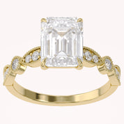 Solitaire Beaded Engagement Ring Emerald and Round Lab Grown Diamond