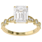 Solitaire Beaded Engagement Ring Emerald and Round Lab Grown Diamond
