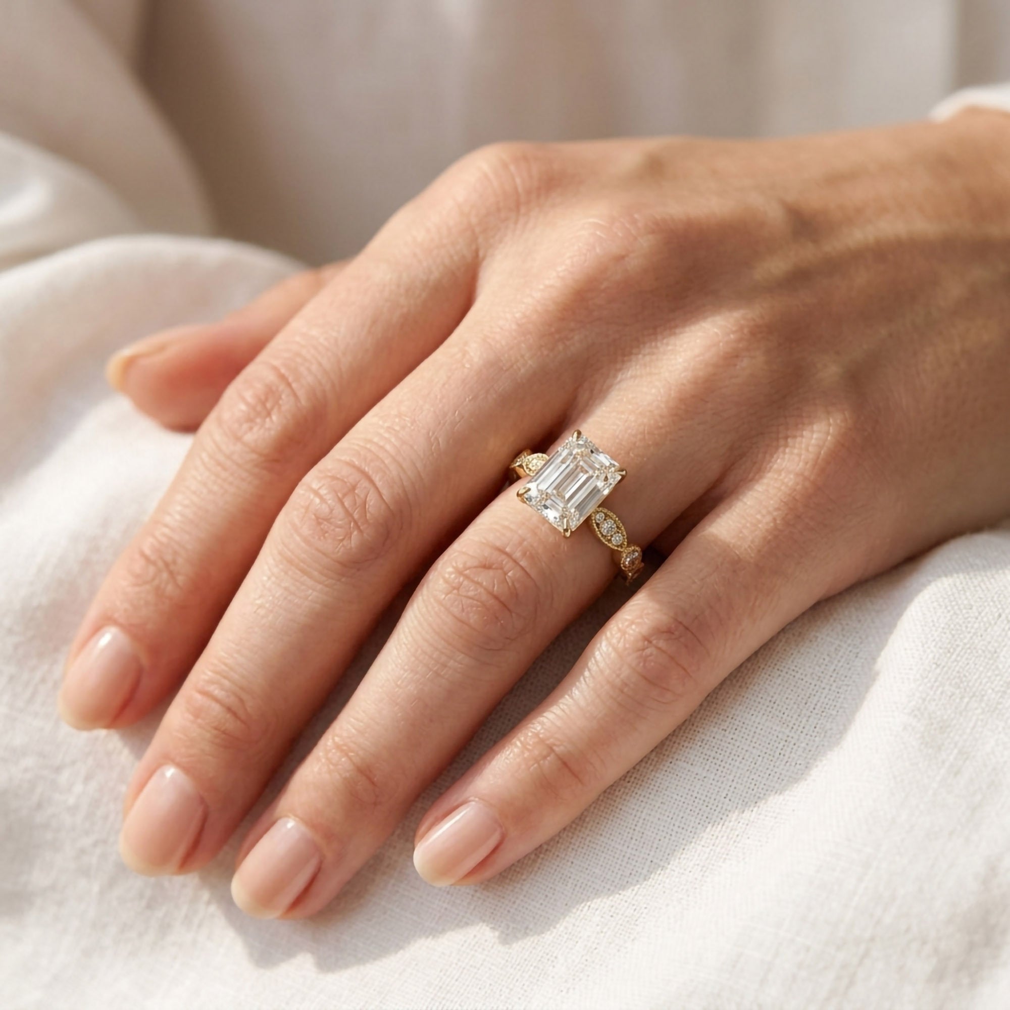 Solitaire Beaded Engagement Ring Emerald and Round Lab Grown Diamond