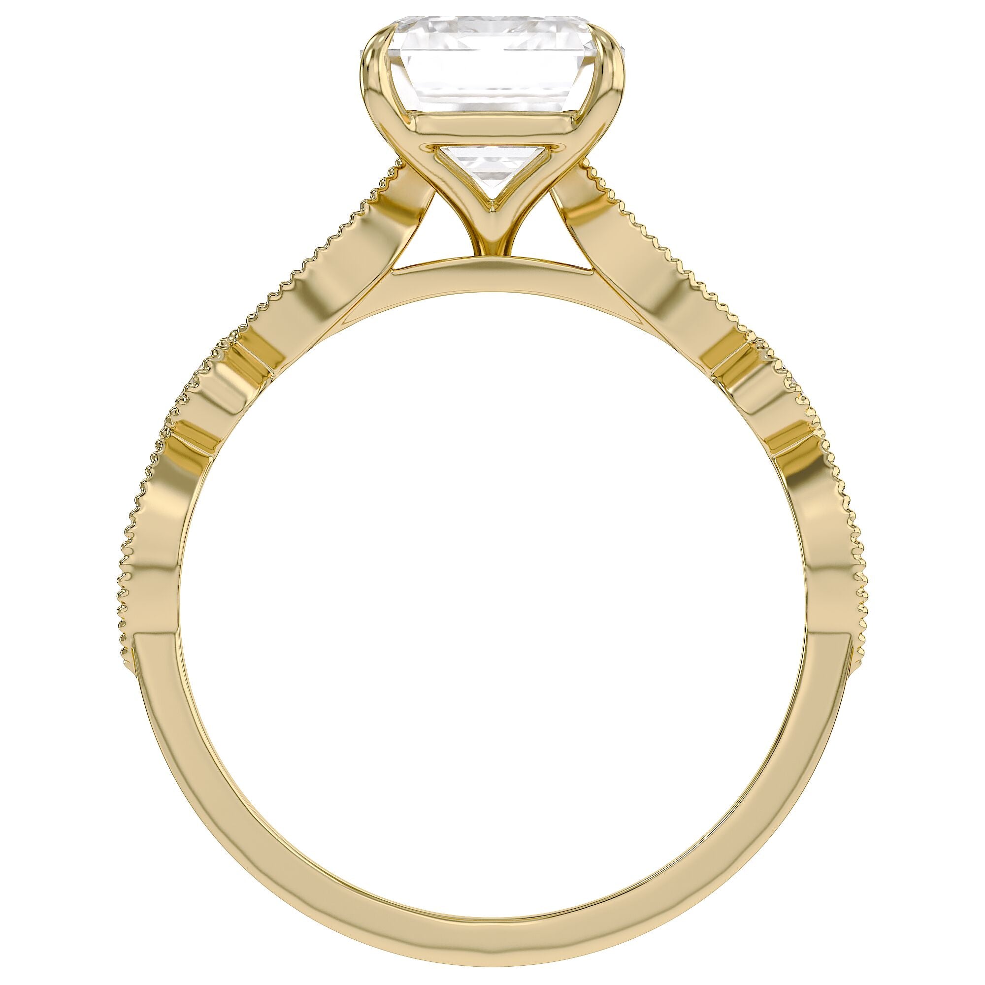 Solitaire Beaded Engagement Ring Emerald and Round Lab Grown Diamond