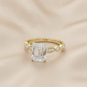 Solitaire Beaded Engagement Ring Emerald and Round Lab Grown Diamond