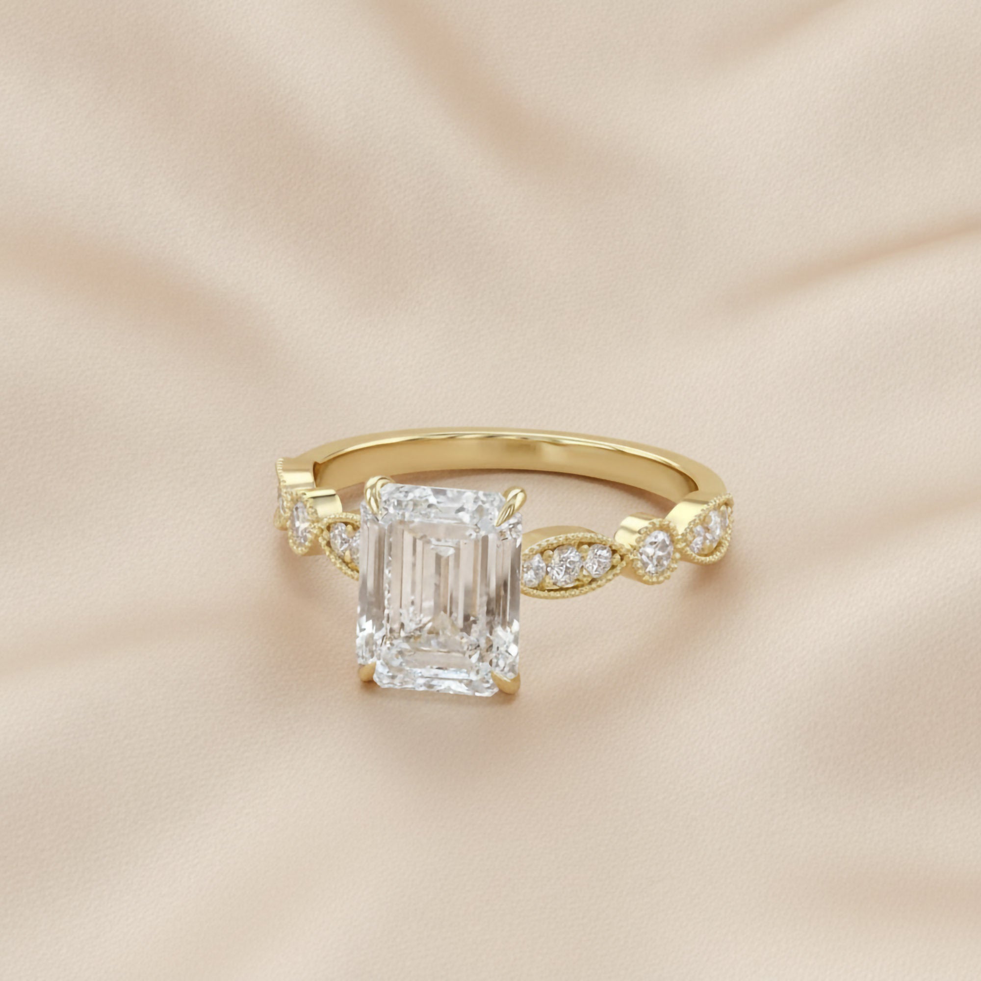 Solitaire Beaded Engagement Ring Emerald and Round Lab Grown Diamond