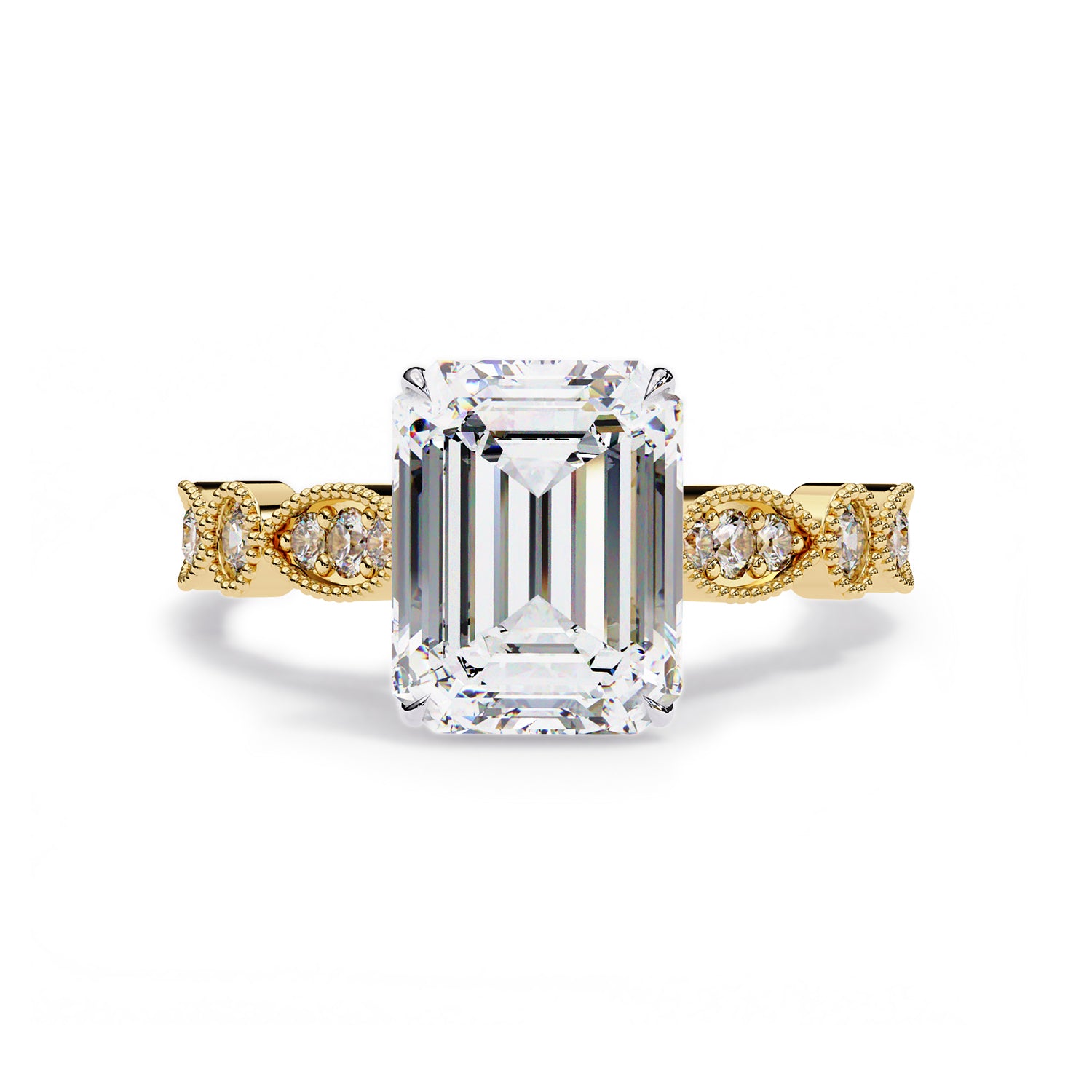Solitaire Beaded Engagement Ring Emerald and Round Lab Grown Diamond