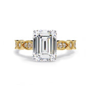 Solitaire Beaded Engagement Ring Emerald and Round Lab Grown Diamond