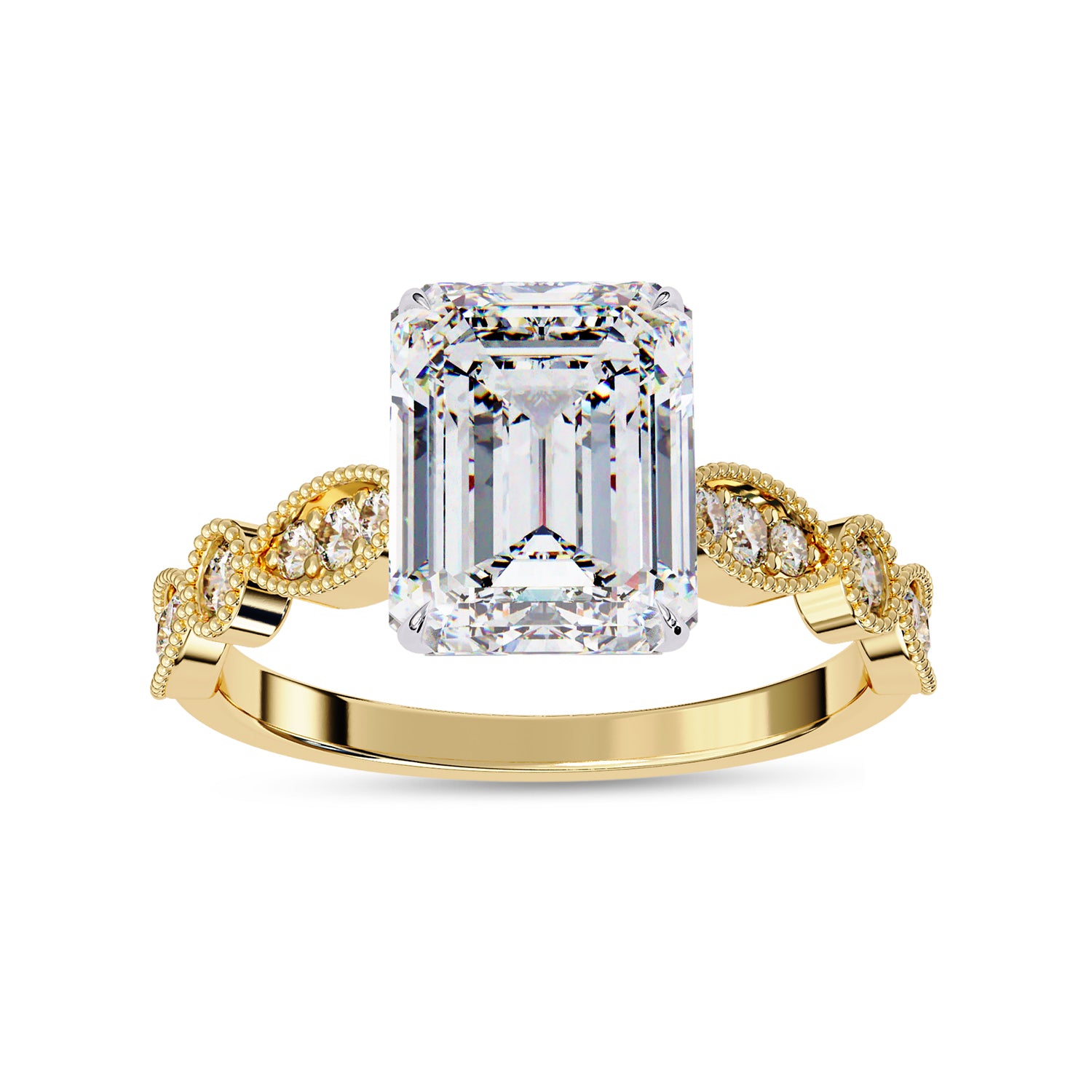 Solitaire Beaded Engagement Ring Emerald and Round Lab Grown Diamond