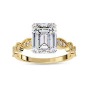 Solitaire Beaded Engagement Ring Emerald and Round Lab Grown Diamond