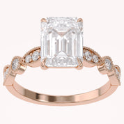Solitaire Beaded Engagement Ring Emerald and Round Lab Grown Diamond