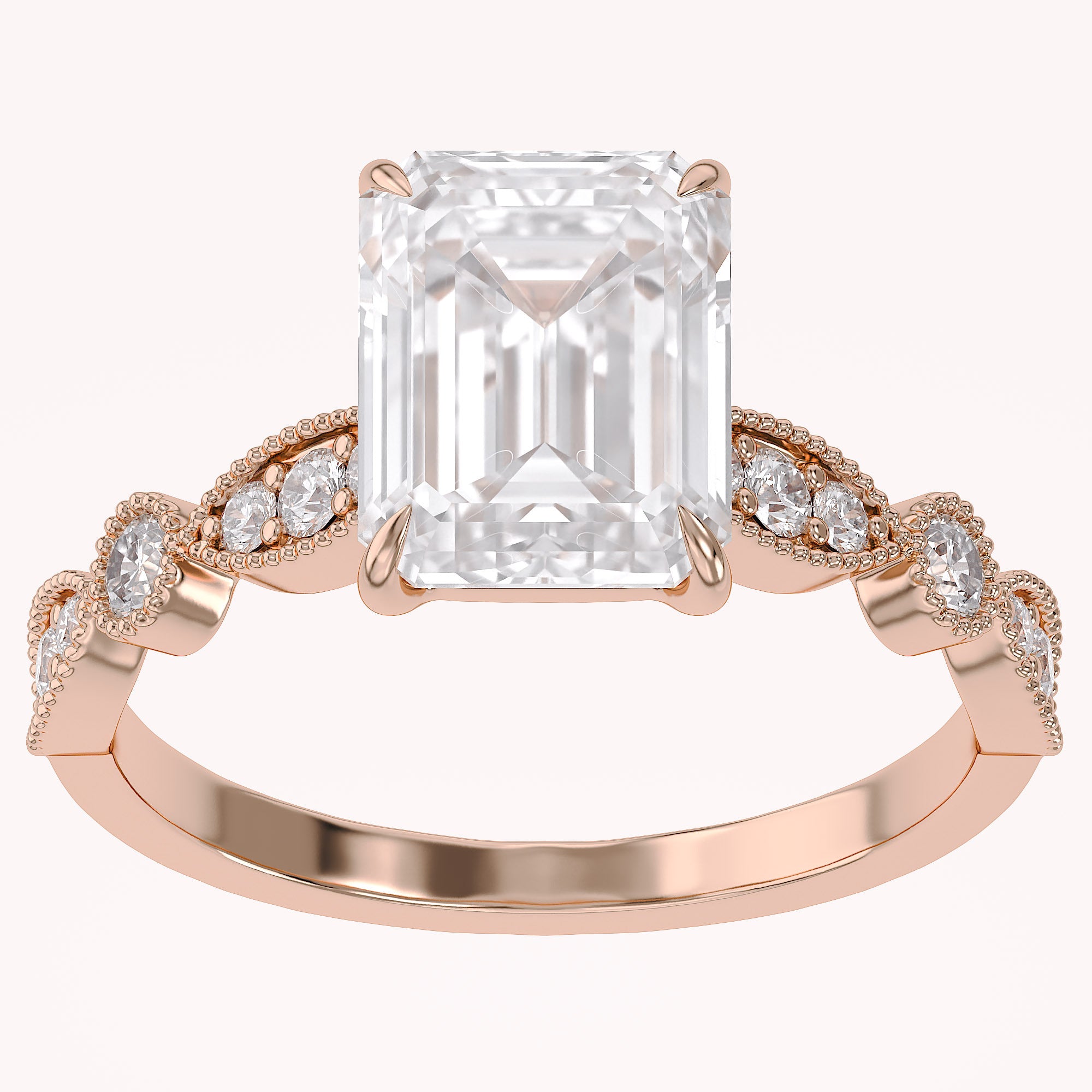 Solitaire Beaded Engagement Ring Emerald and Round Lab Grown Diamond