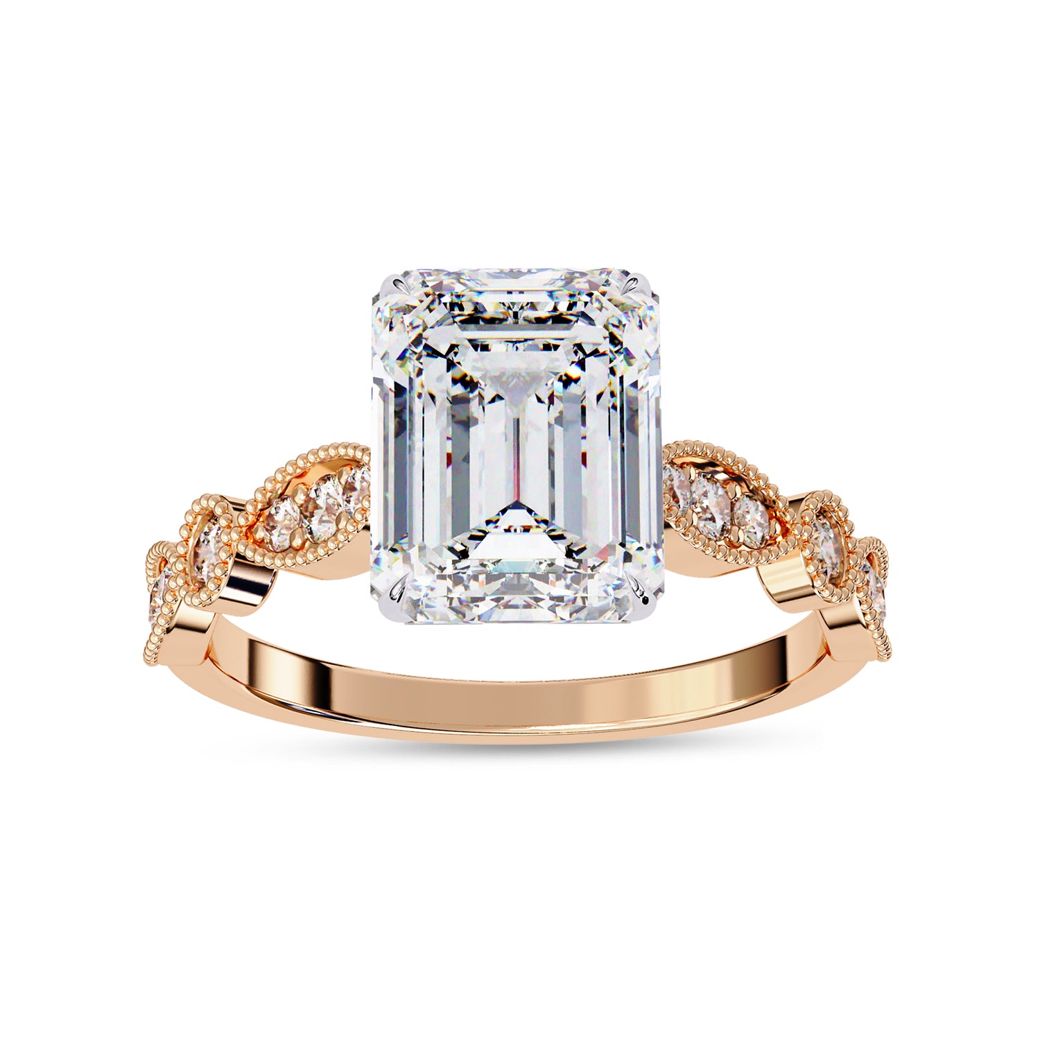 Solitaire Beaded Engagement Ring Emerald and Round Lab Grown Diamond