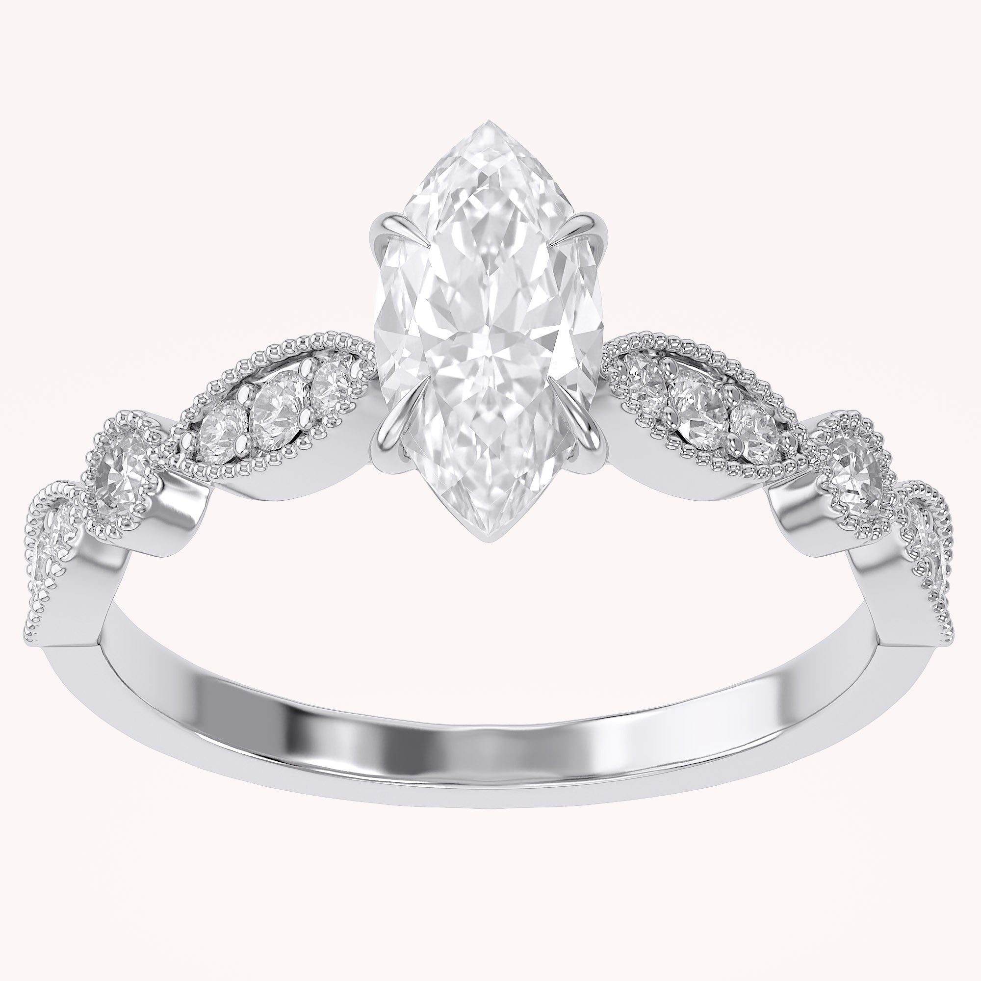 Solitaire Beaded Engagement Ring Marquise and Round Cut Lab Grown Diamond