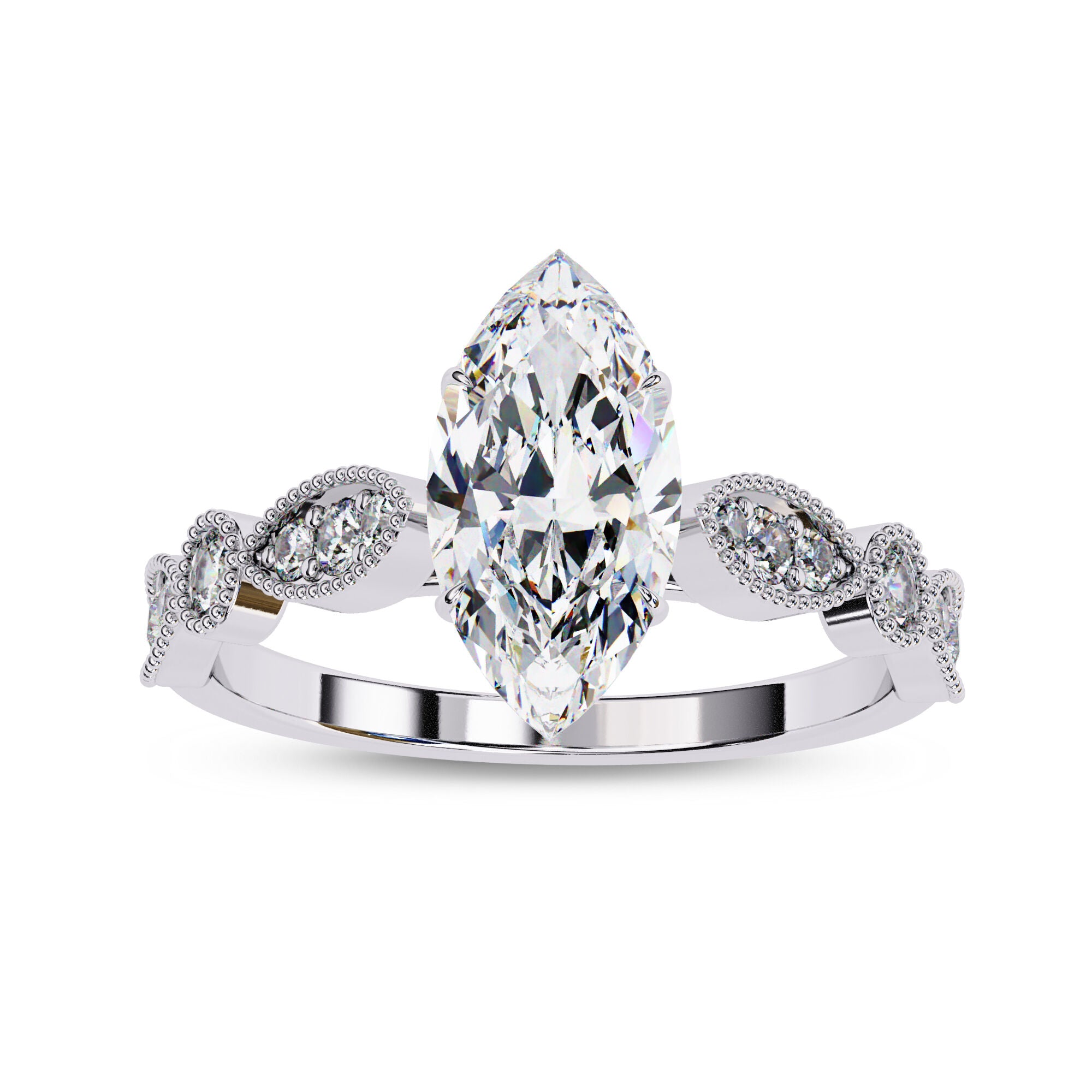 Solitaire Beaded Engagement Ring Marquise and Round Cut Lab Grown Diamond