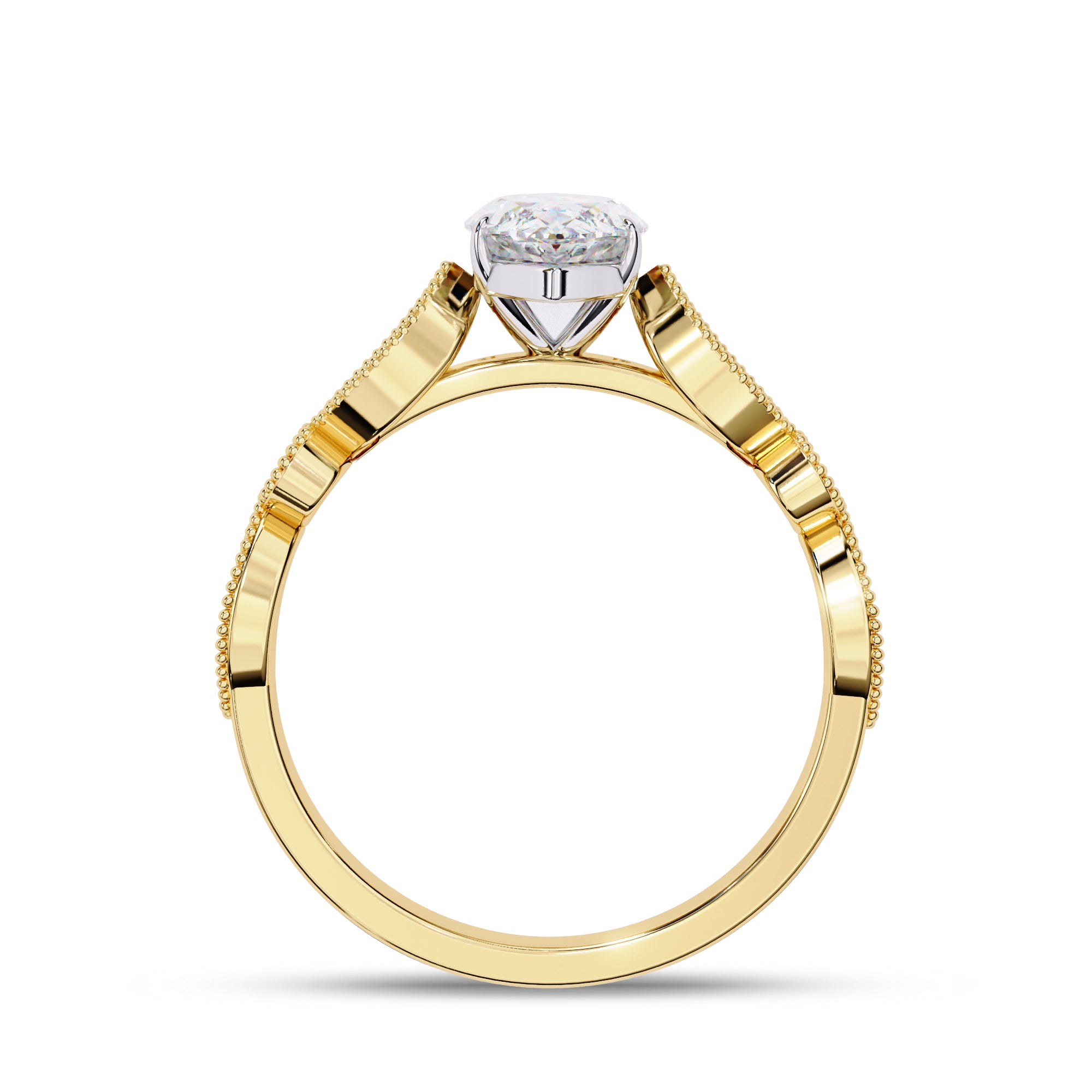 Solitaire Beaded Engagement Ring Marquise and Round Cut Lab Grown Diamond