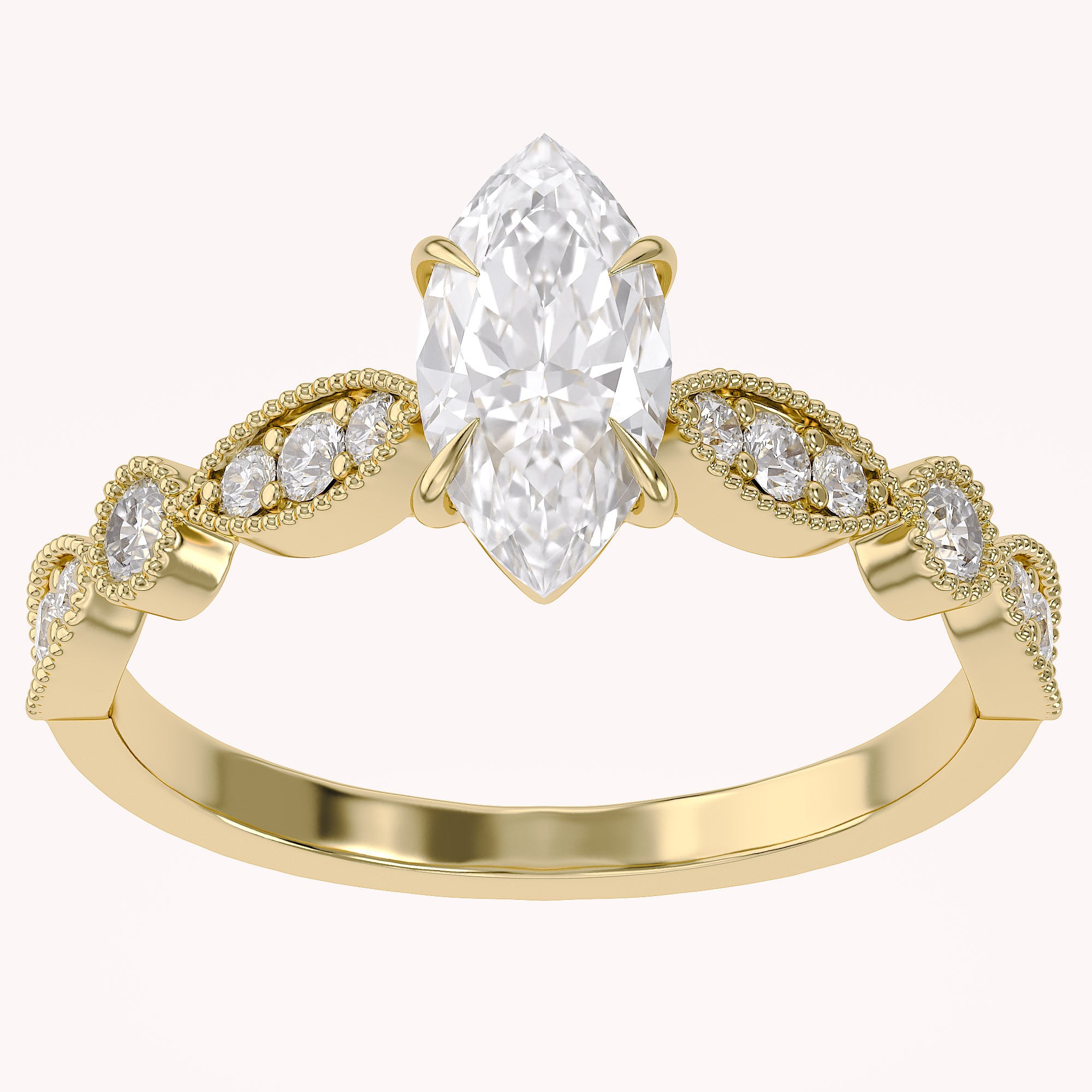 Solitaire Beaded Engagement Ring Marquise and Round Cut Lab Grown Diamond