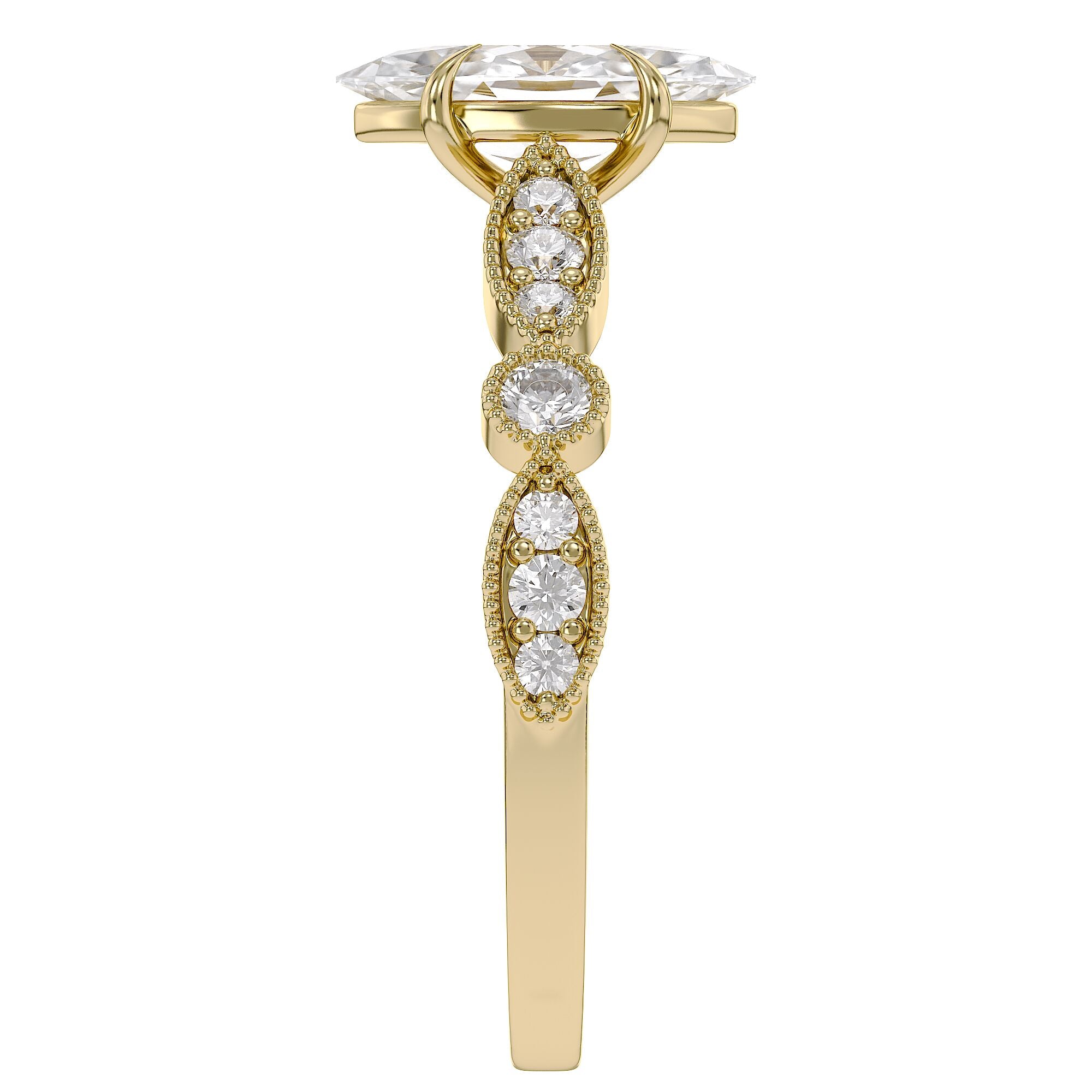 Solitaire Beaded Engagement Ring Marquise and Round Cut Lab Grown Diamond