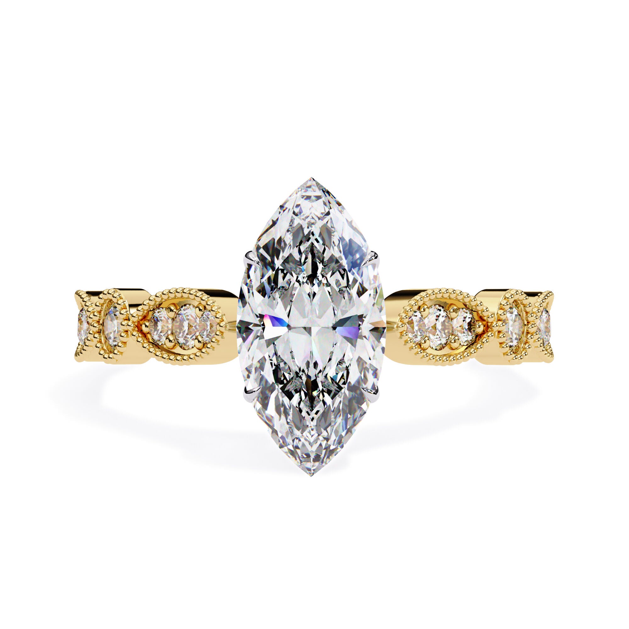 Solitaire Beaded Engagement Ring Marquise and Round Cut Lab Grown Diamond