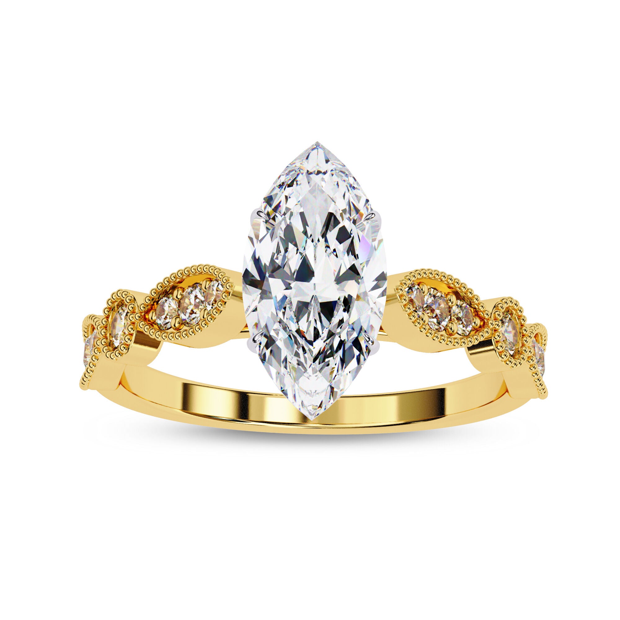 Solitaire Beaded Engagement Ring Marquise and Round Cut Lab Grown Diamond